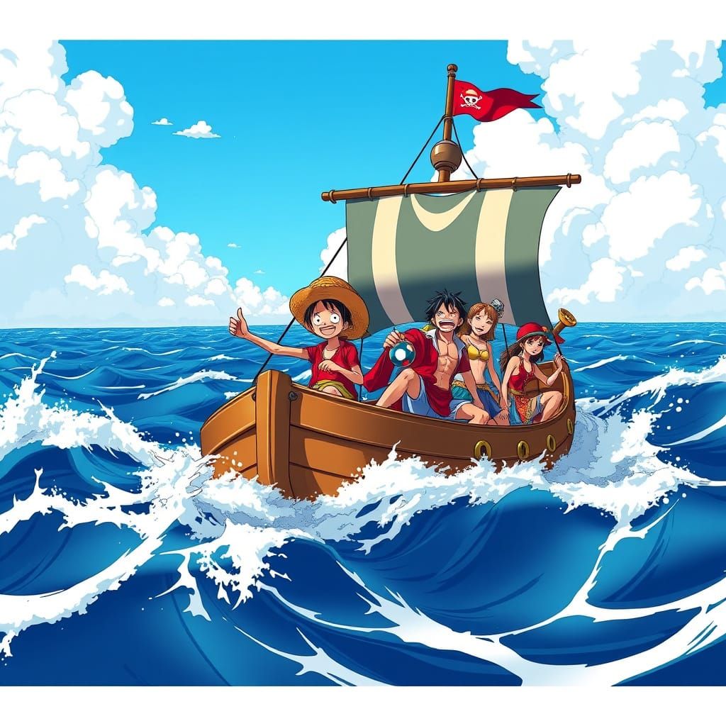 Anime Pirates Sail the Open Sea in Vibrant One Piece Style