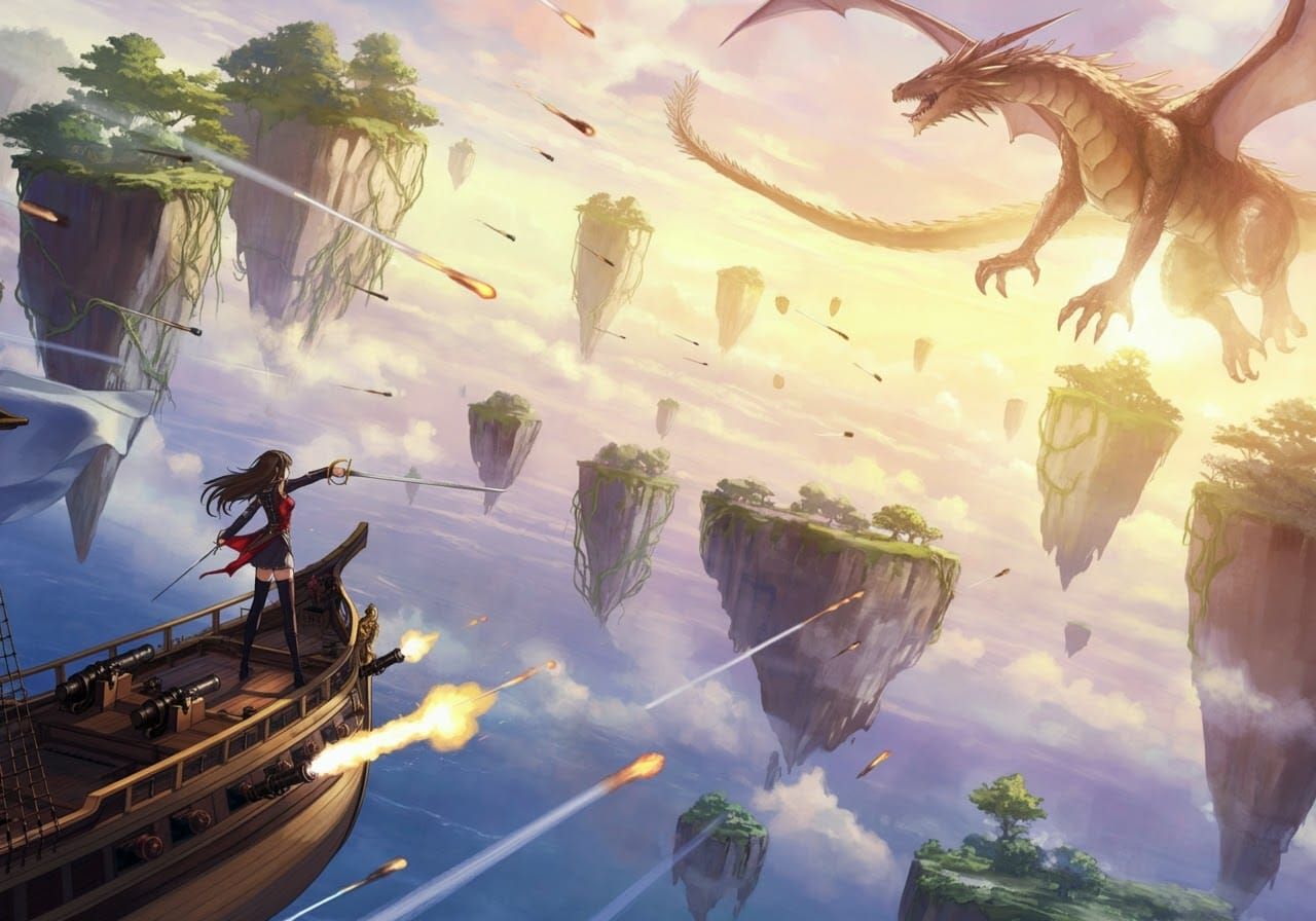 Anime Dragon Battle on Floating Islands in Digital Art