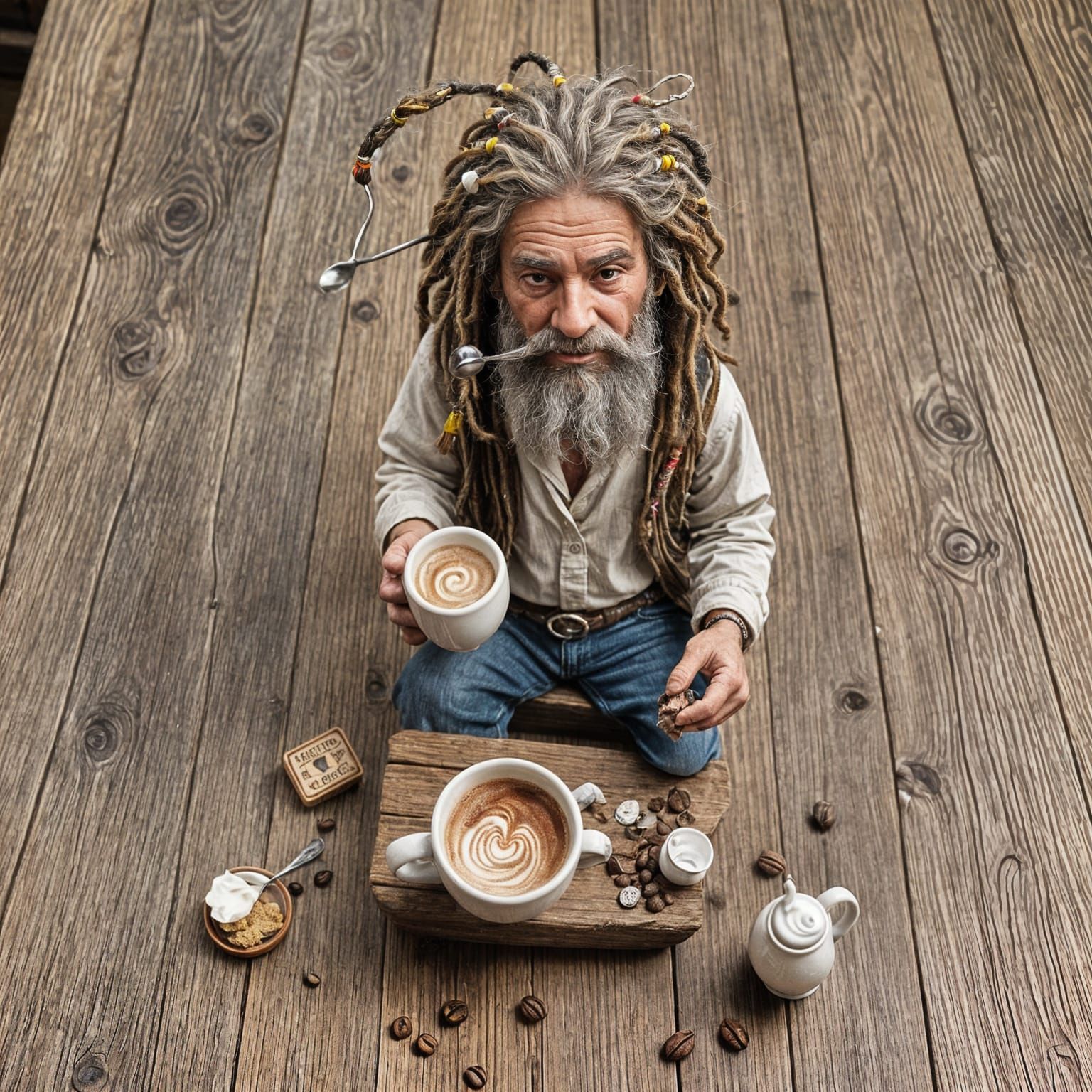 A tiny miniature old weathered hippy man with beaded dreadlo...