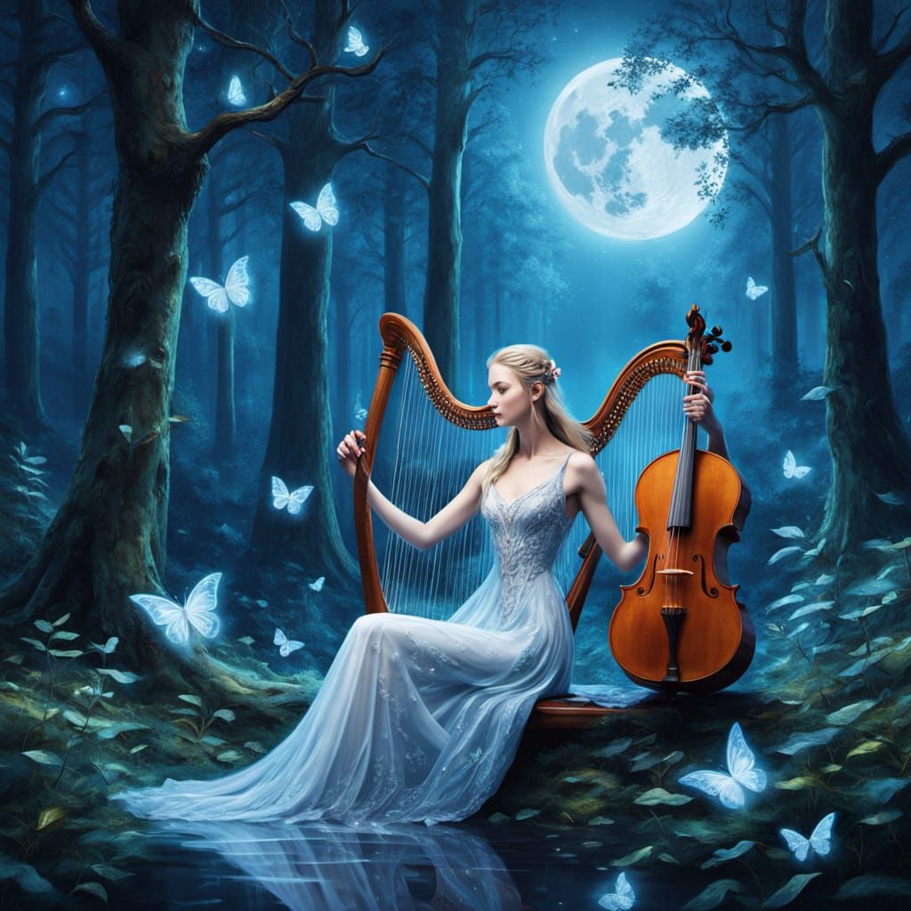Elven Musician Plays Crystalline Harp in Starlit Forest