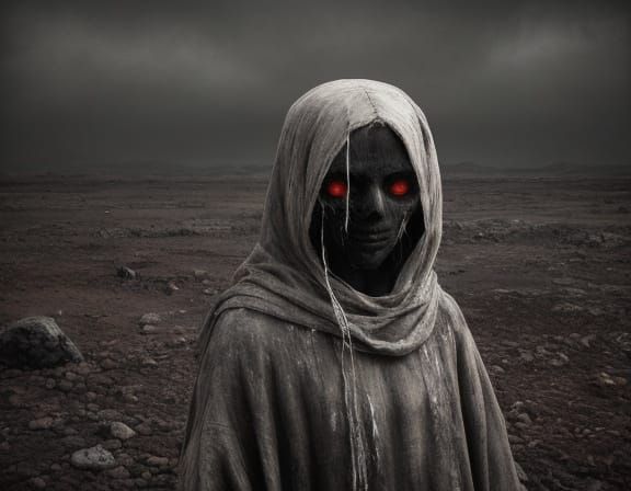 Gothic Chibi Potato Sack Puppet in Desolate Landscape