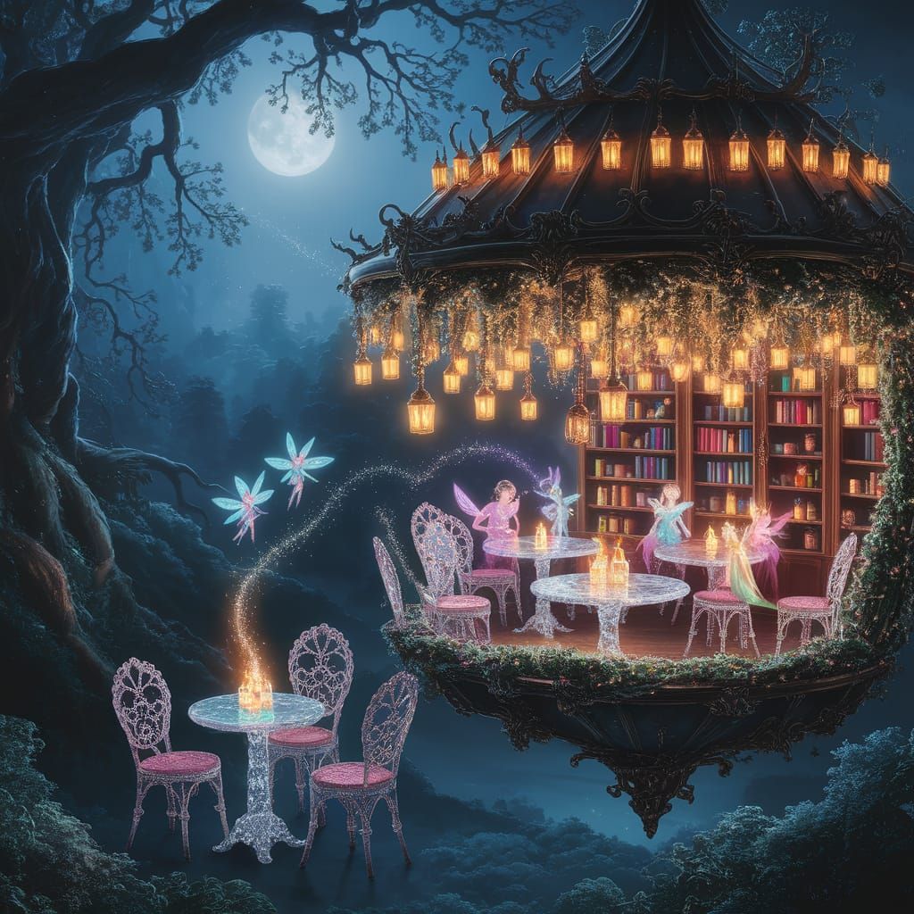A magical night café floating above a forest