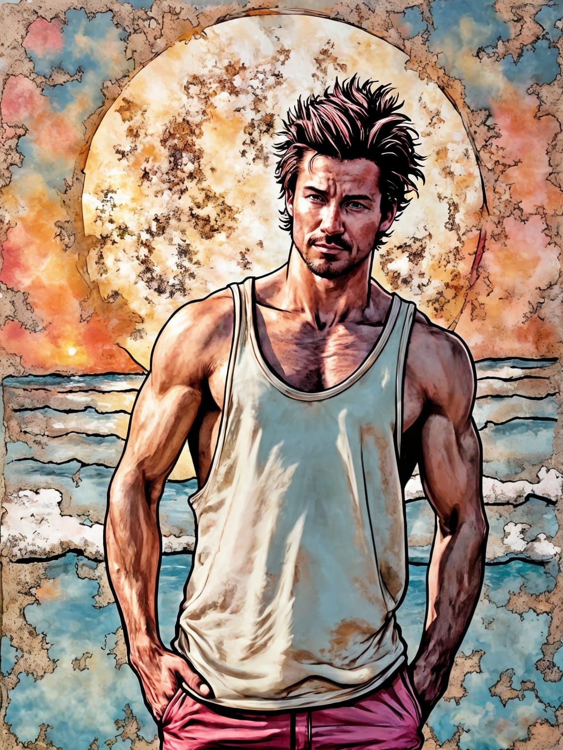Handsome Man on Beach at Sunset in Watercolor Style