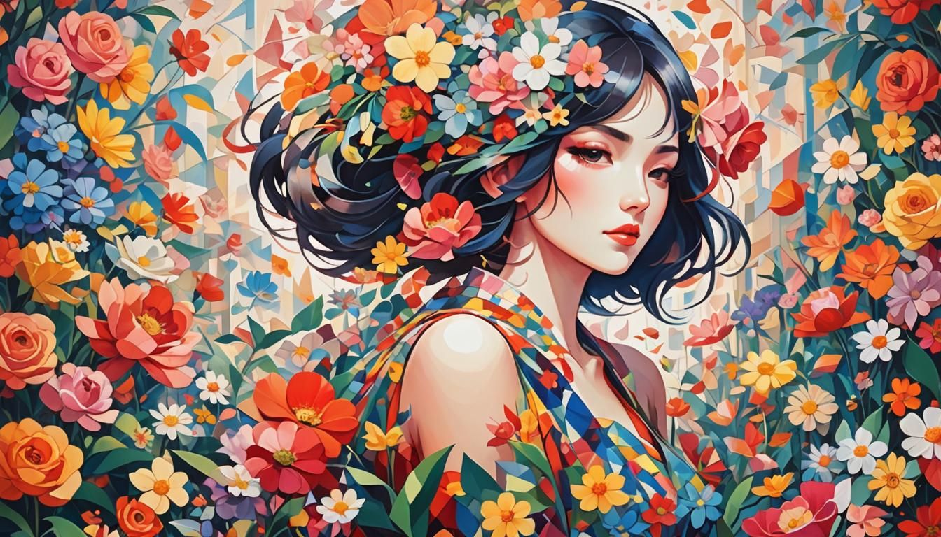 Vibrant Floral Dreamscapes in Abstract Cubism