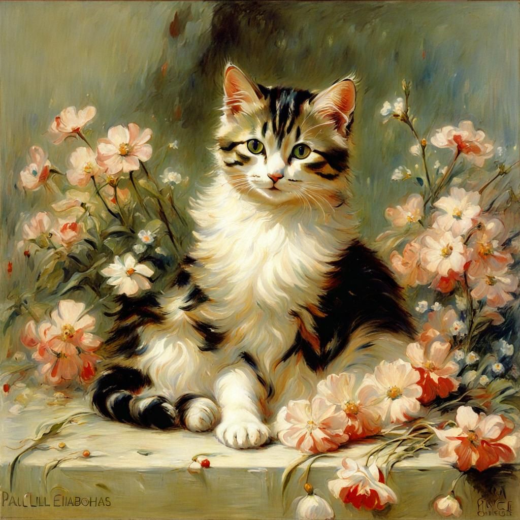 Cute Cat with Flowers in Academic Style