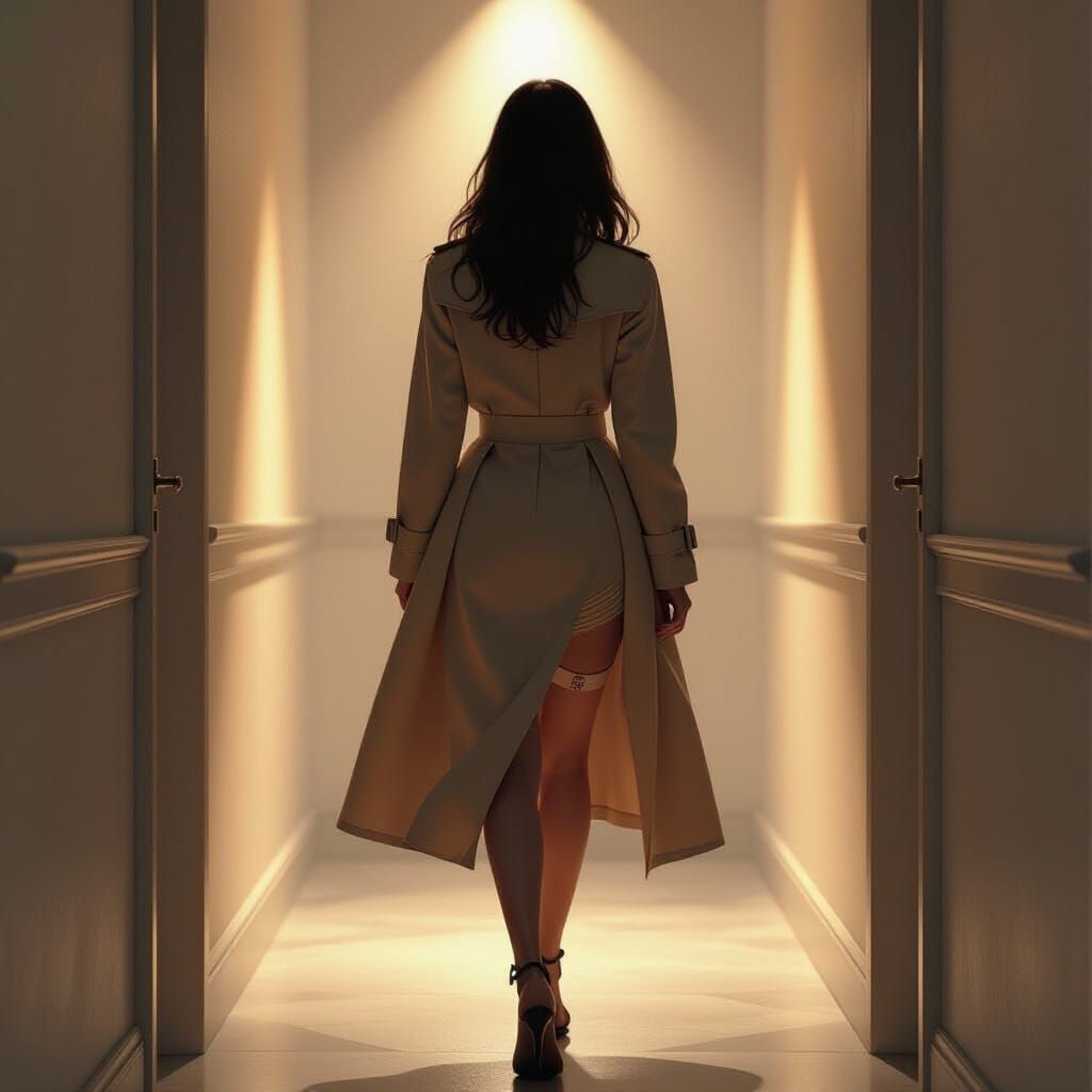 Woman in Trench Coat in Dimly Lit Hallway