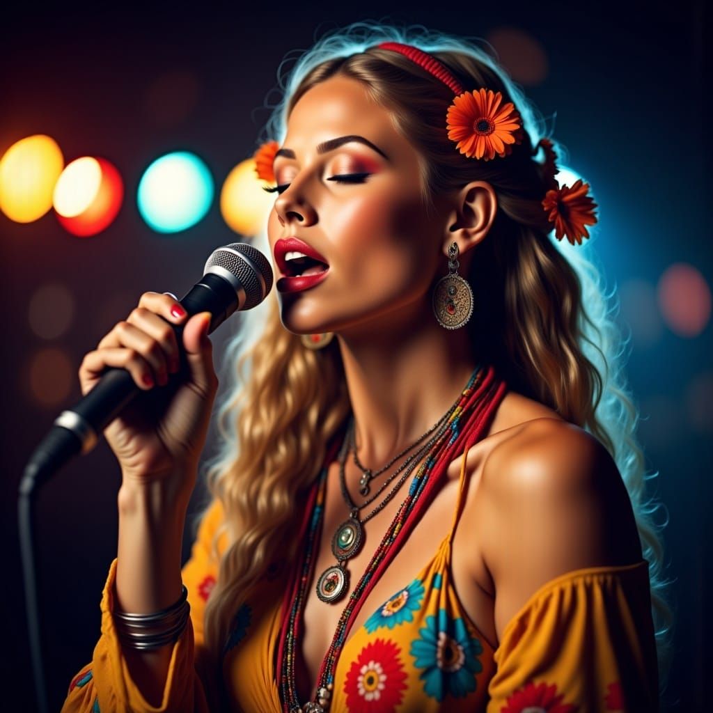 Passionate Singer in Hippie Style with Vivid Colors