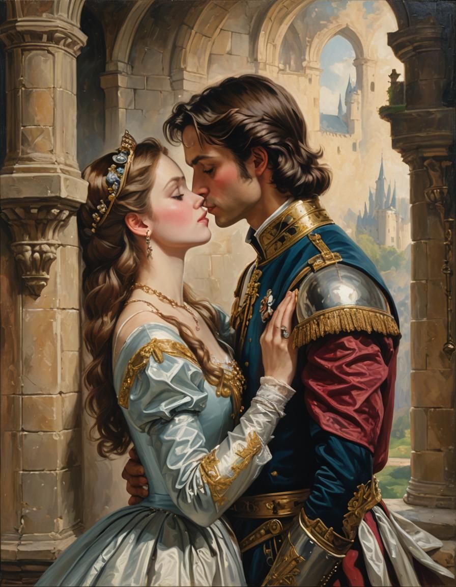 A prince and a princess kissing in a castle