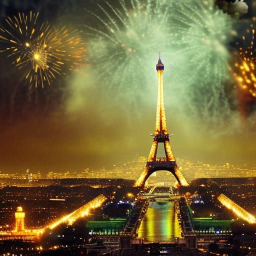 Eiffel Tower Fireworks Display at Night