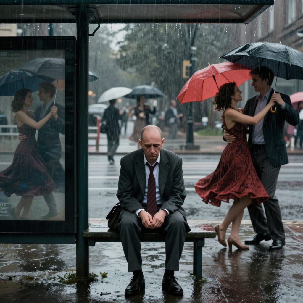Lonely Man at Bus Stop in Melancholic Realist Style