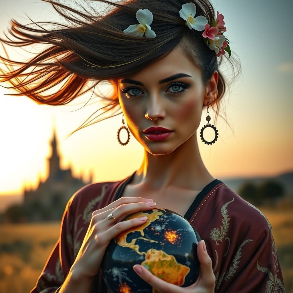 Gypsy Fortune Teller Holds Glowing Earth, Golden Hour Sunset
