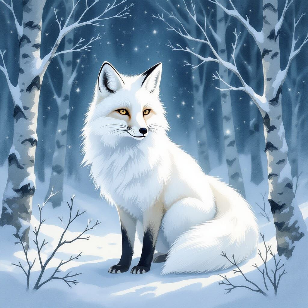 Wise White Fox With Starry Eyes in Snowy Forest