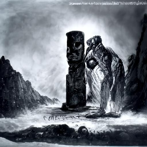 Eerie Moai Statues in Charcoal Drawing Style