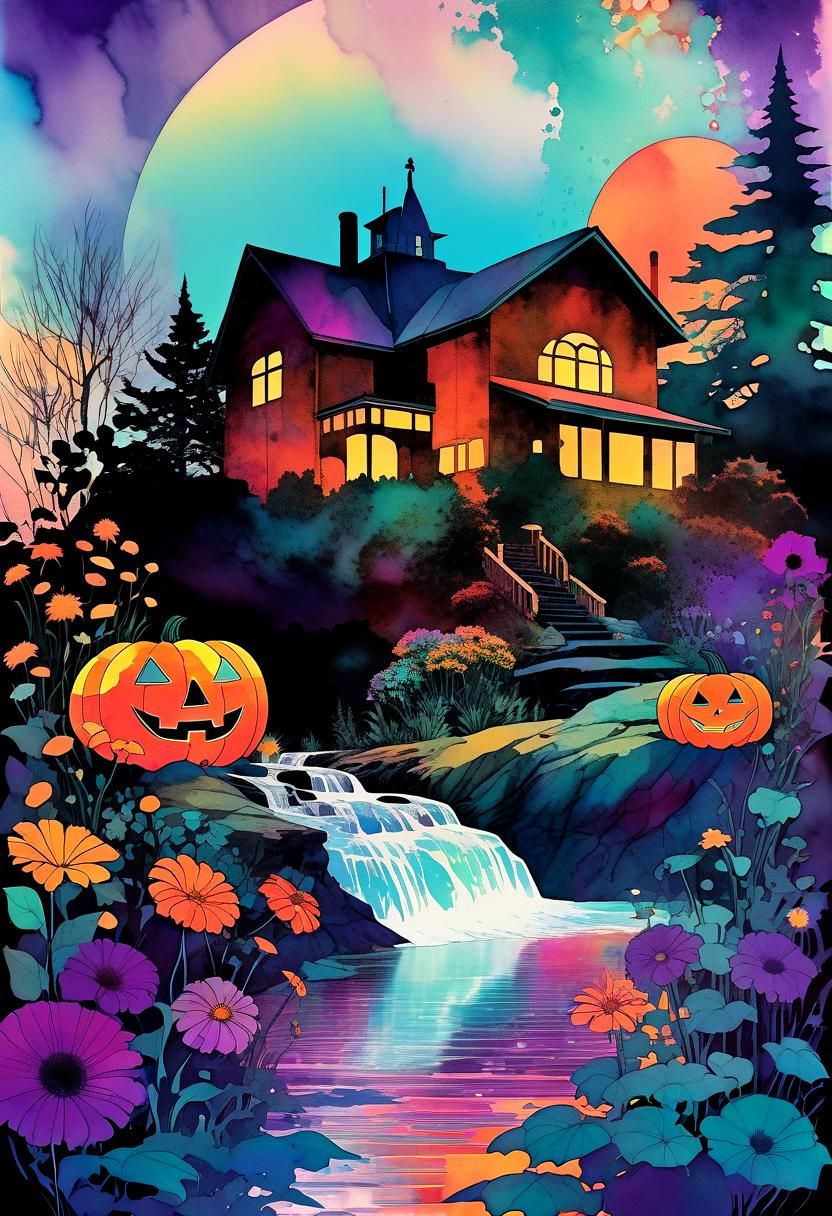 Psychedelic Jack-o'-Lantern in Watercolor Flower Garden