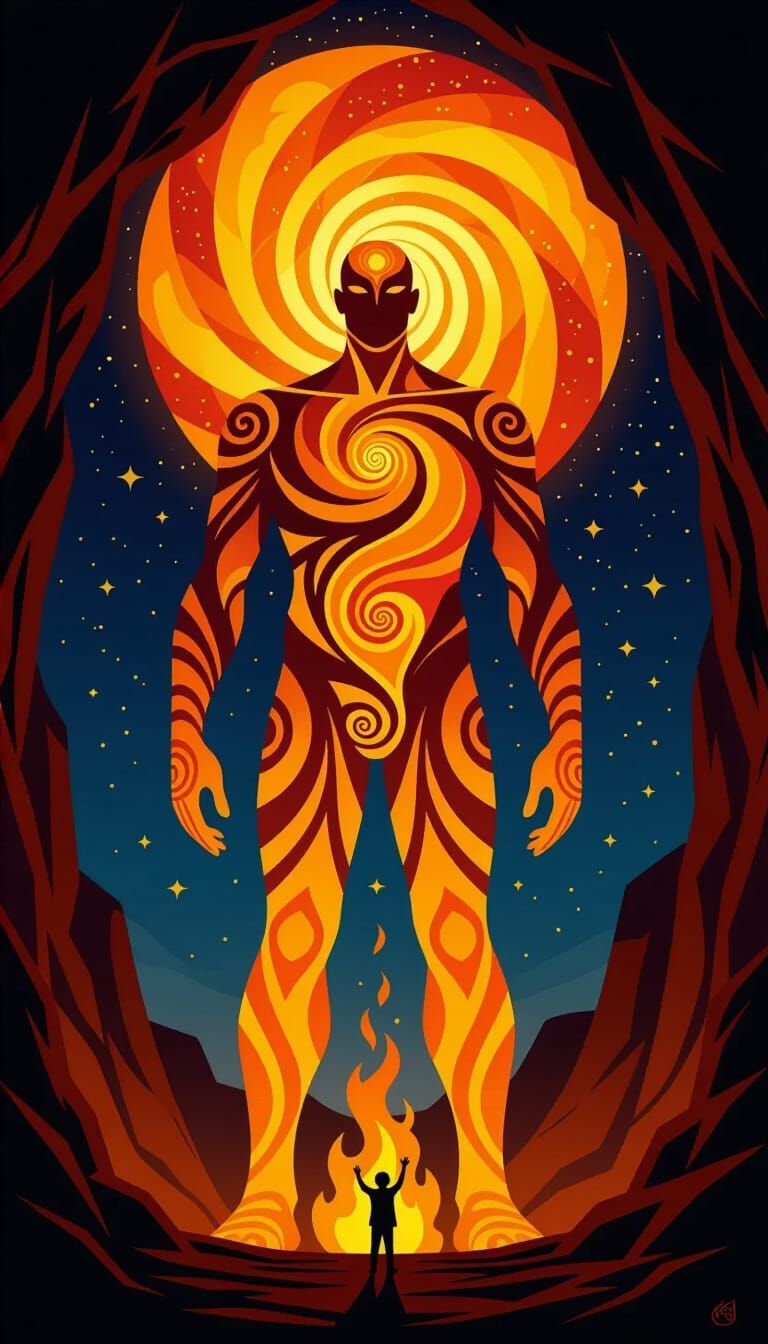 Fiery Cosmic Giant in Cave, Ancient Cave Painting Style