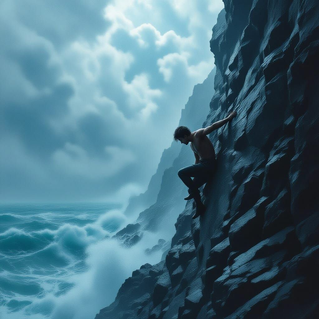 Desperate Figure on Cliffside During Storm
