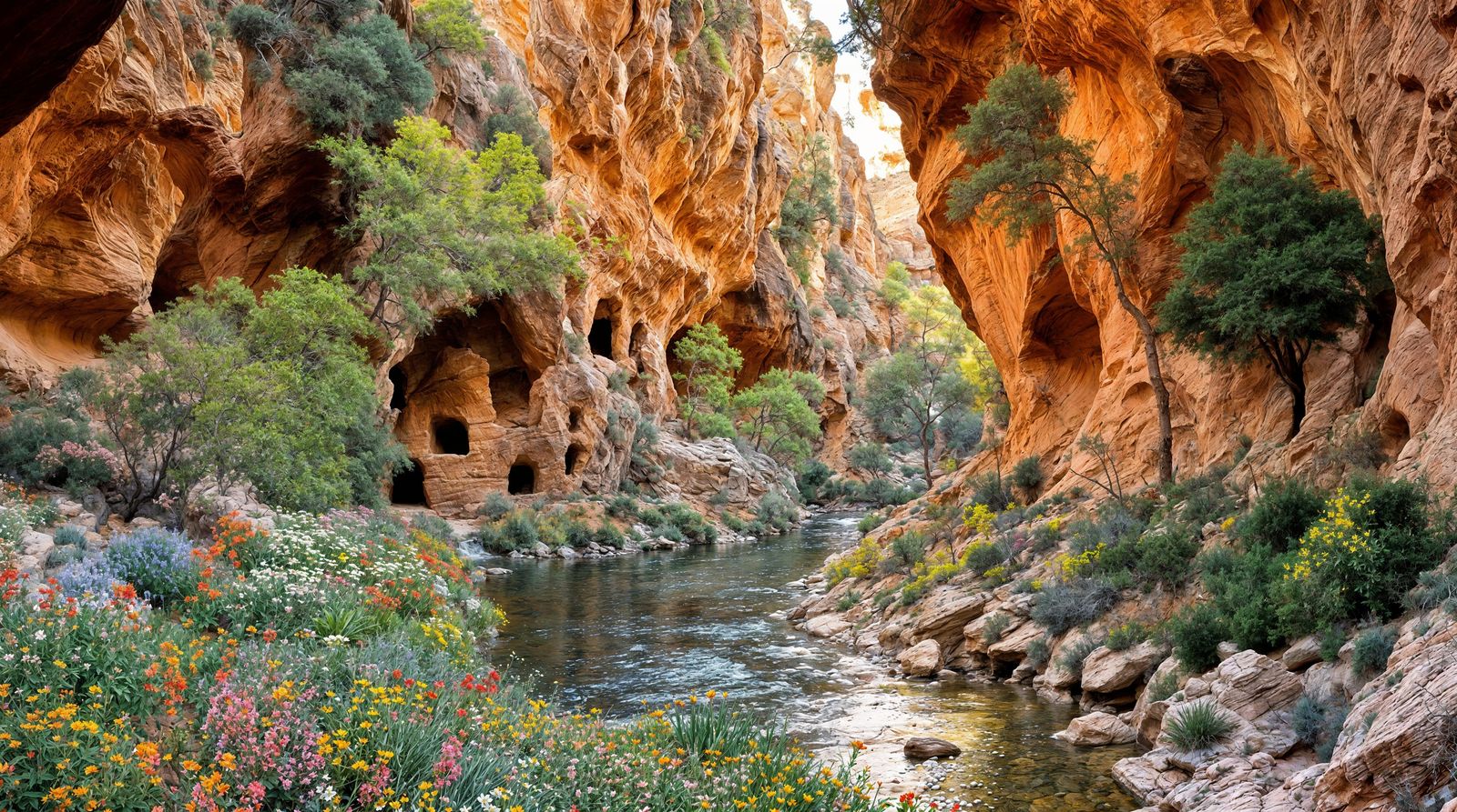 Surreal Landscape with Ancient Cliff Dwellings and Flowering...