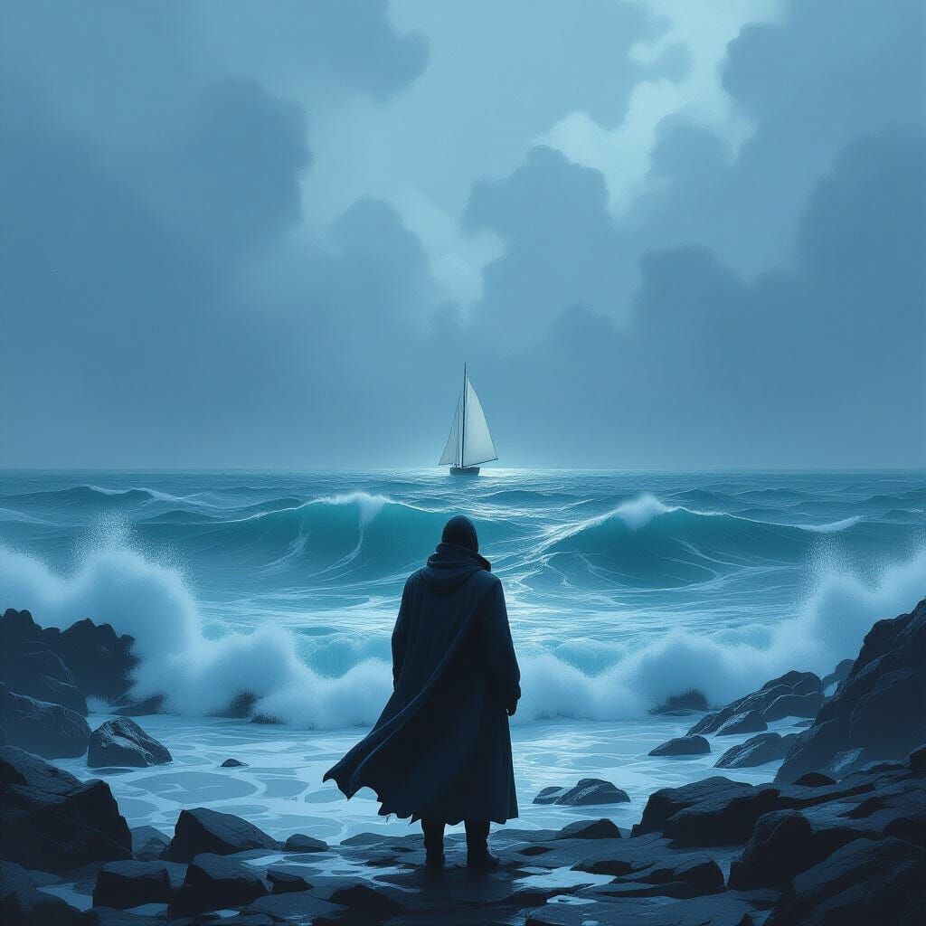 Melancholic Coastline: Figure Gazing at Distant Sail