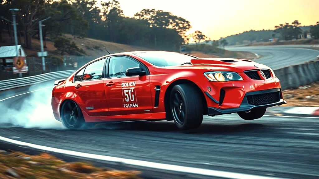 Australian GMH Holden VF Commodore rounding the bends of Mount Panorama. Bathurst race track