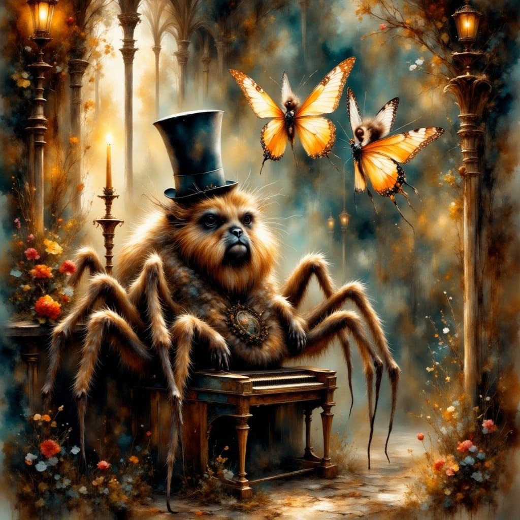 Spider Plays Gothic Organ in Hyperrealistic Fantasy Art