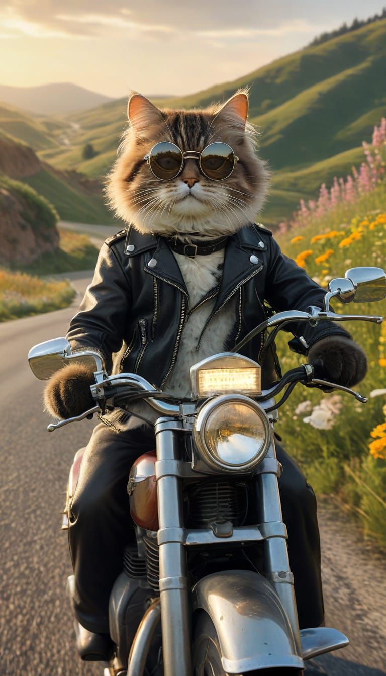 Whimsical Cat Cruises Countryside Roads