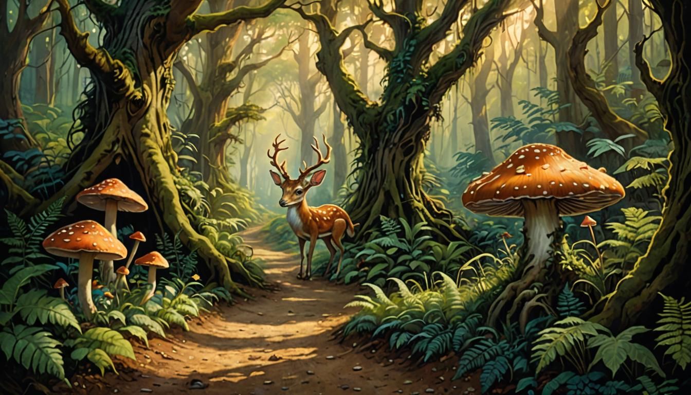 Fantasy Forest with Horned Creature in Oil Painting Style