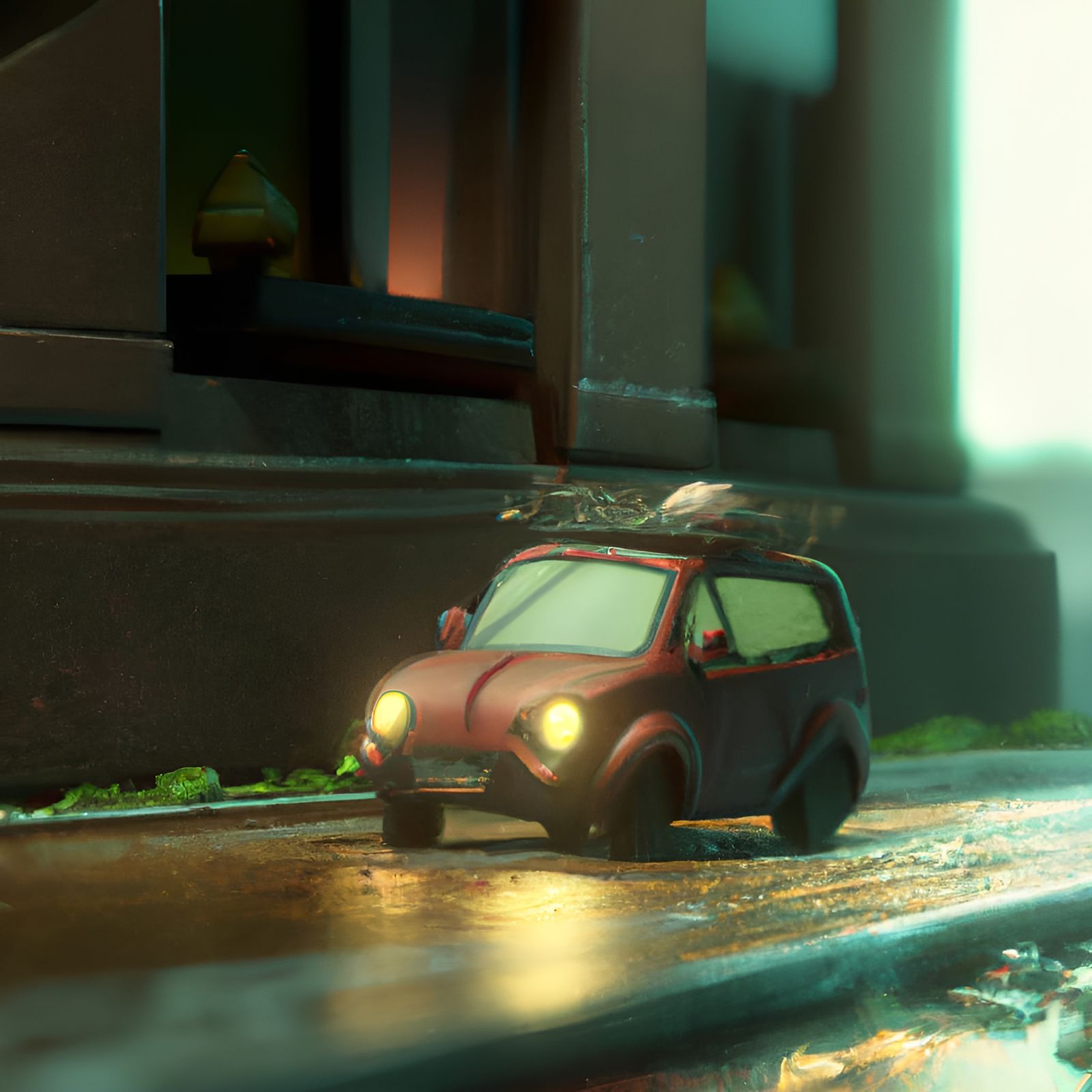 Miniature Toy Minivan: Detailed Matte Painting