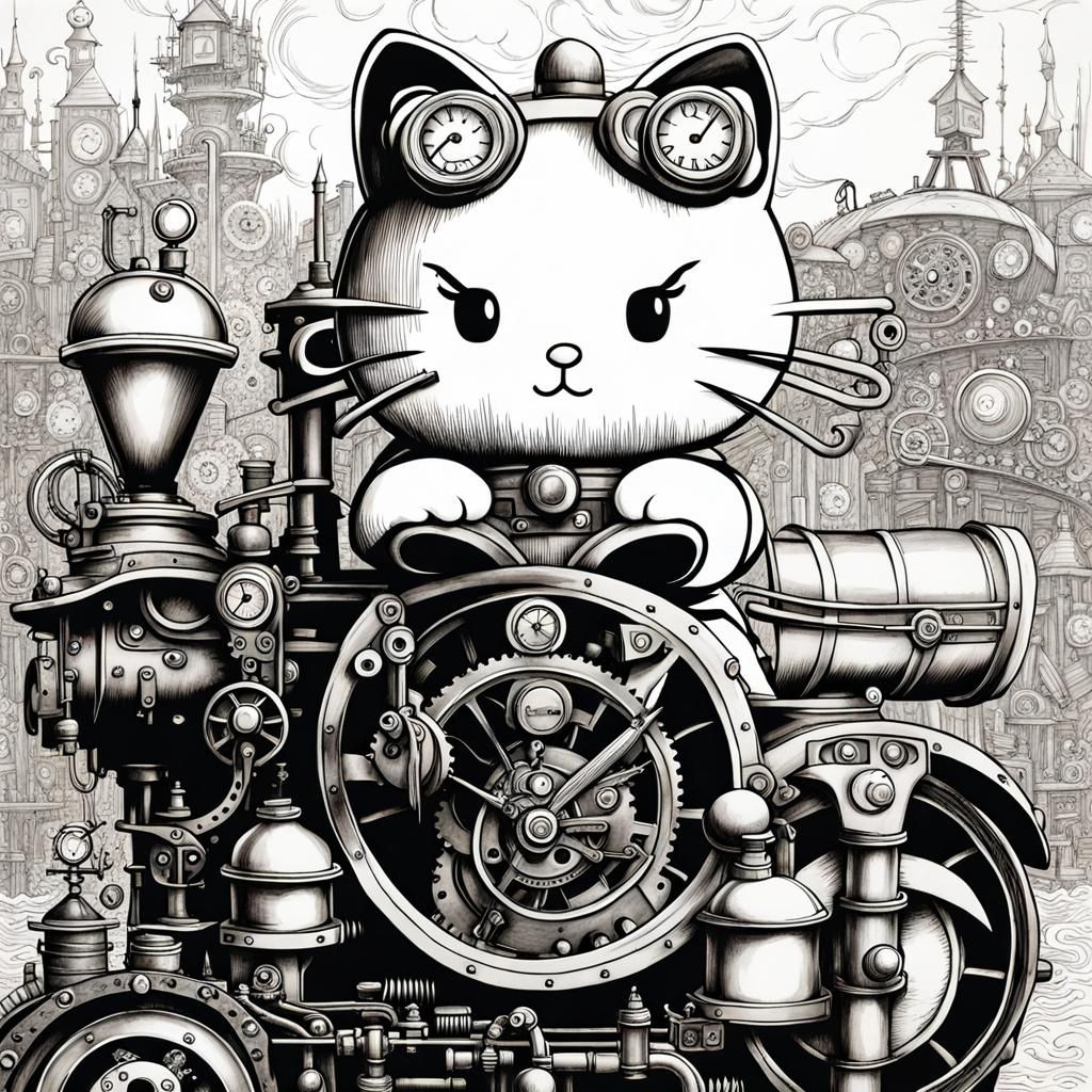 Steampunk Hello Kitty in Winter: Black and White Ink Drawing