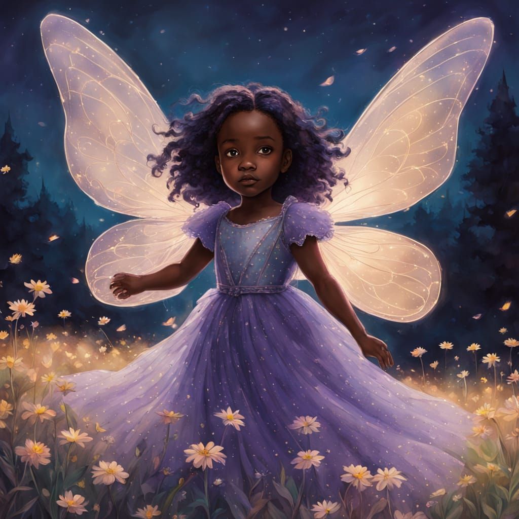 Enchanting Fairy Child in Lavender Gown Soars Amidst Twinkli...