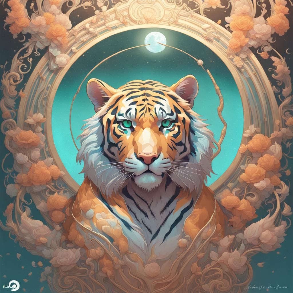 Art Nouveau Pastel Tiger with Holographic Moon
