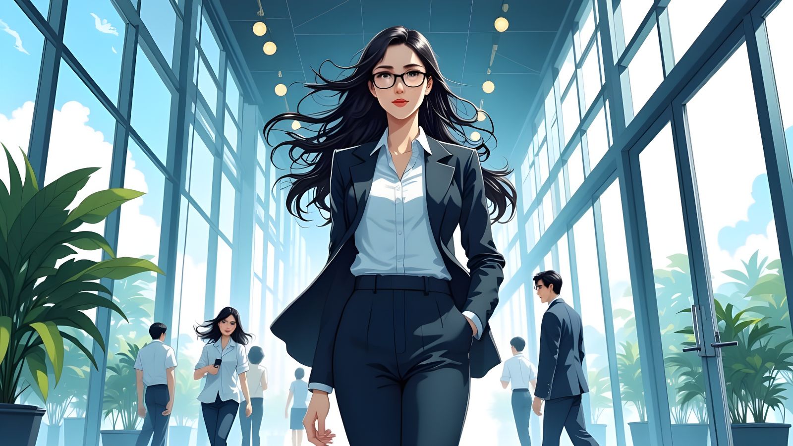 Japanese Businesswoman Striding Confidently in Modern Office...