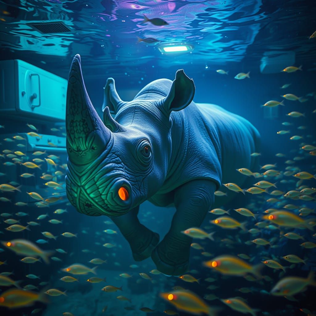 Bioluminescent Rhino in Dreamlike Basement Pool