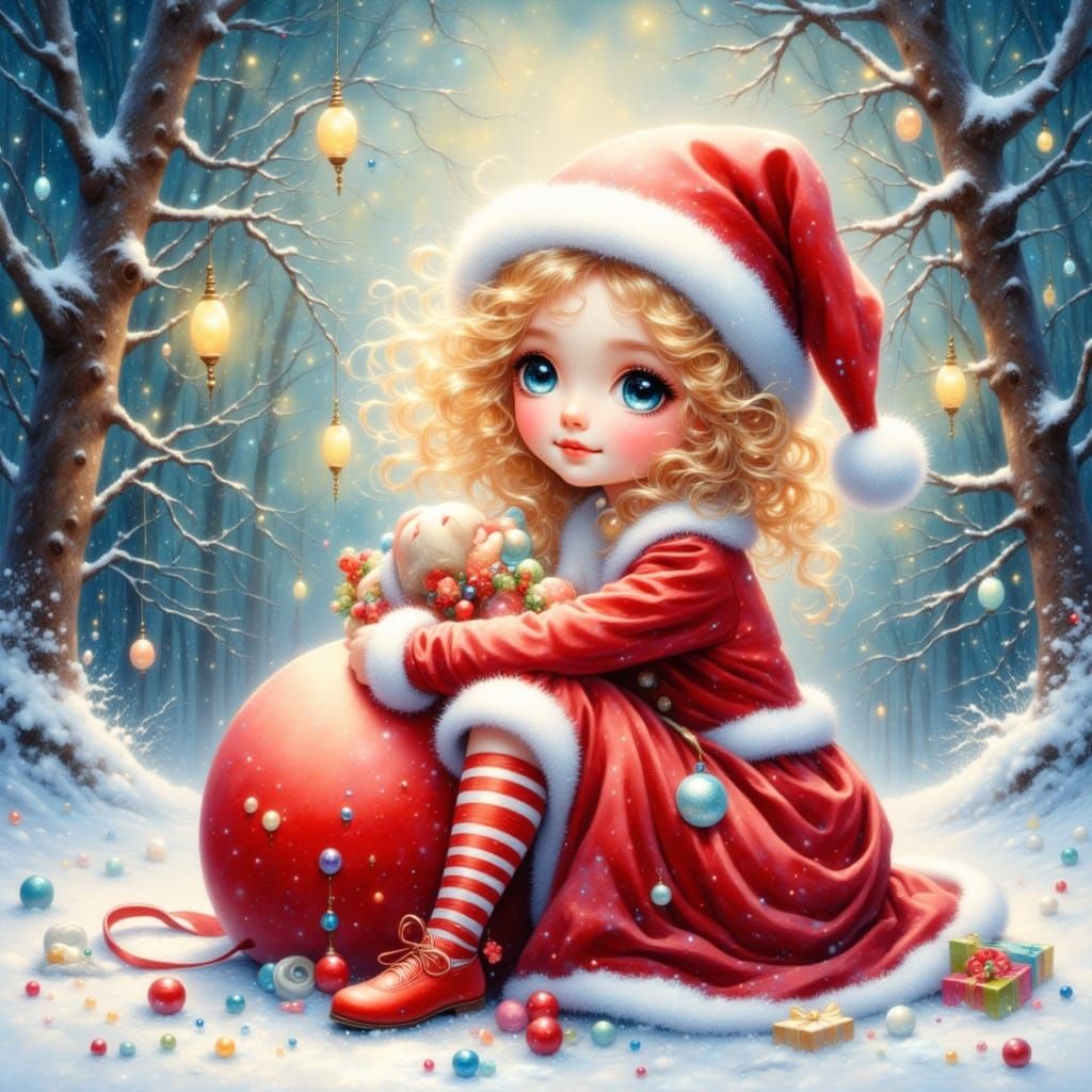 Whimsical Christmas Girl with Gifts in Snowy Forest