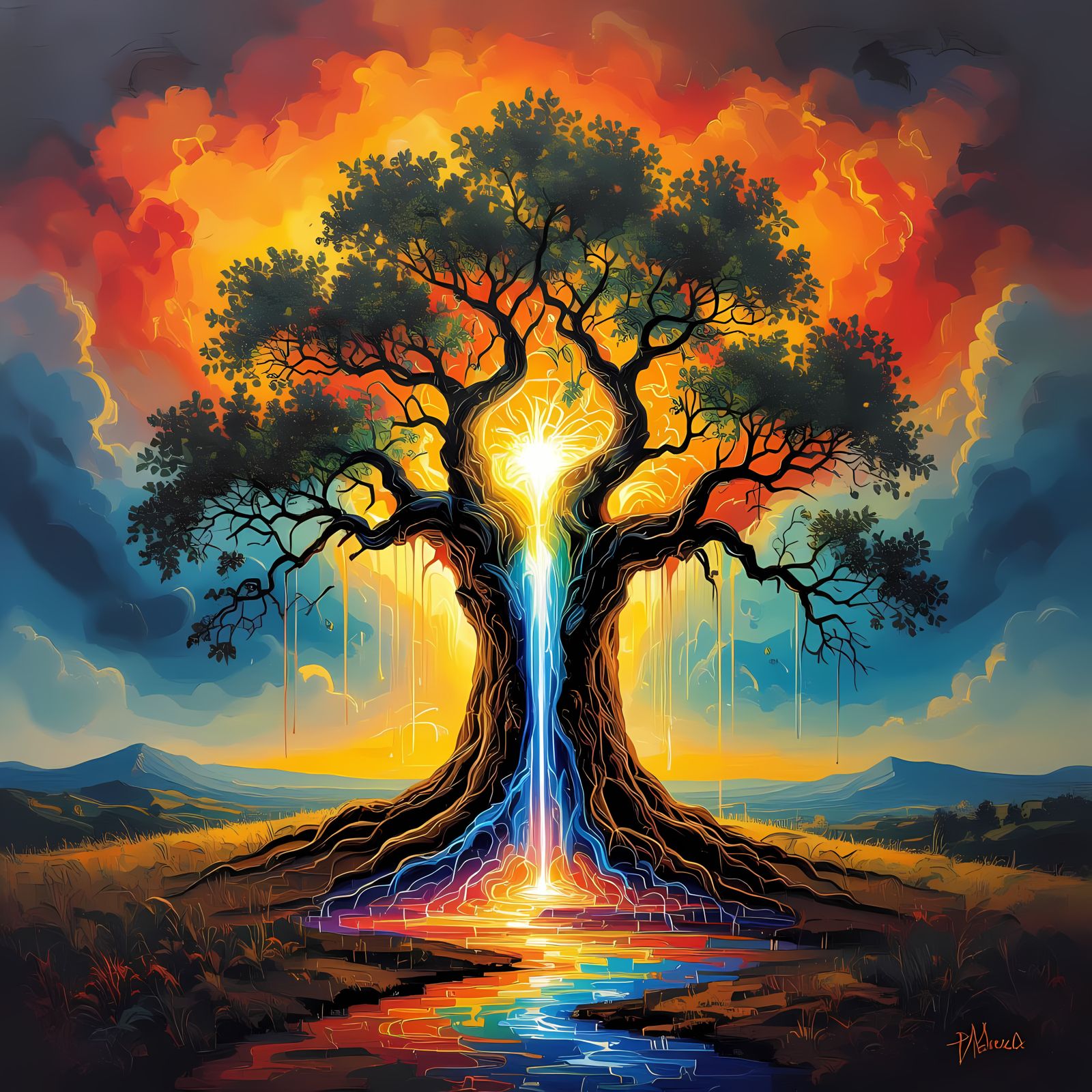 Ancient Tree Bleeding Light: Expressionist Oil Painting