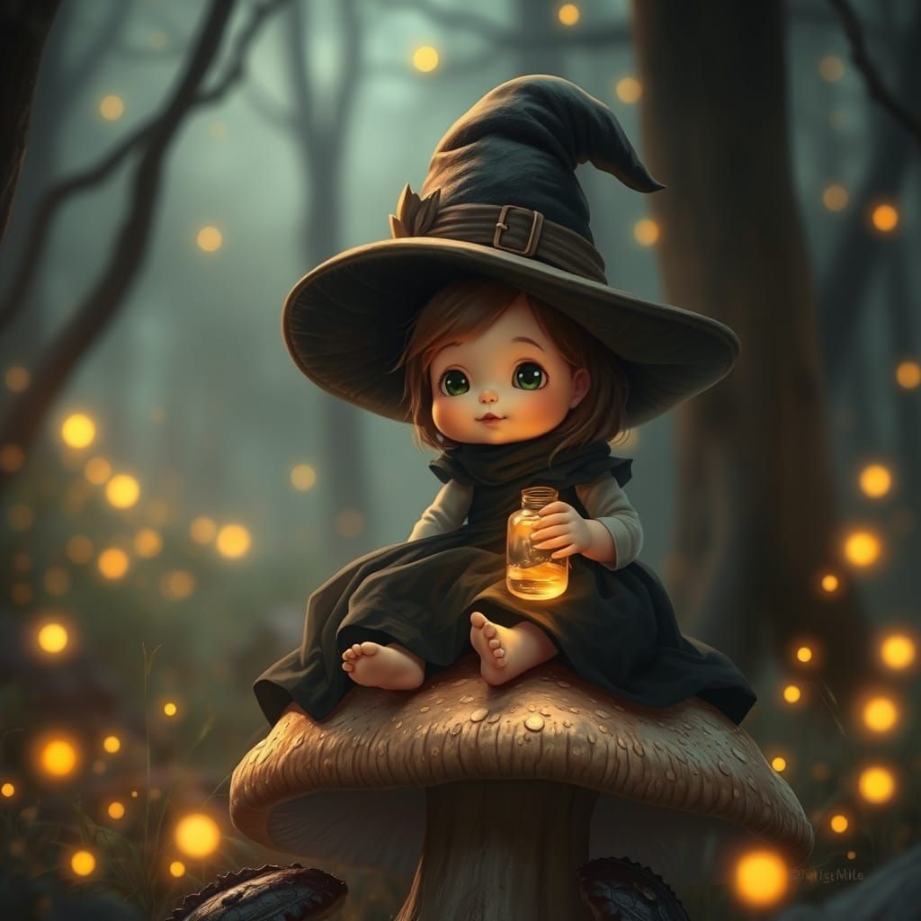 Baby Witch in Magical Forest, Cinematic Fantasy Realism