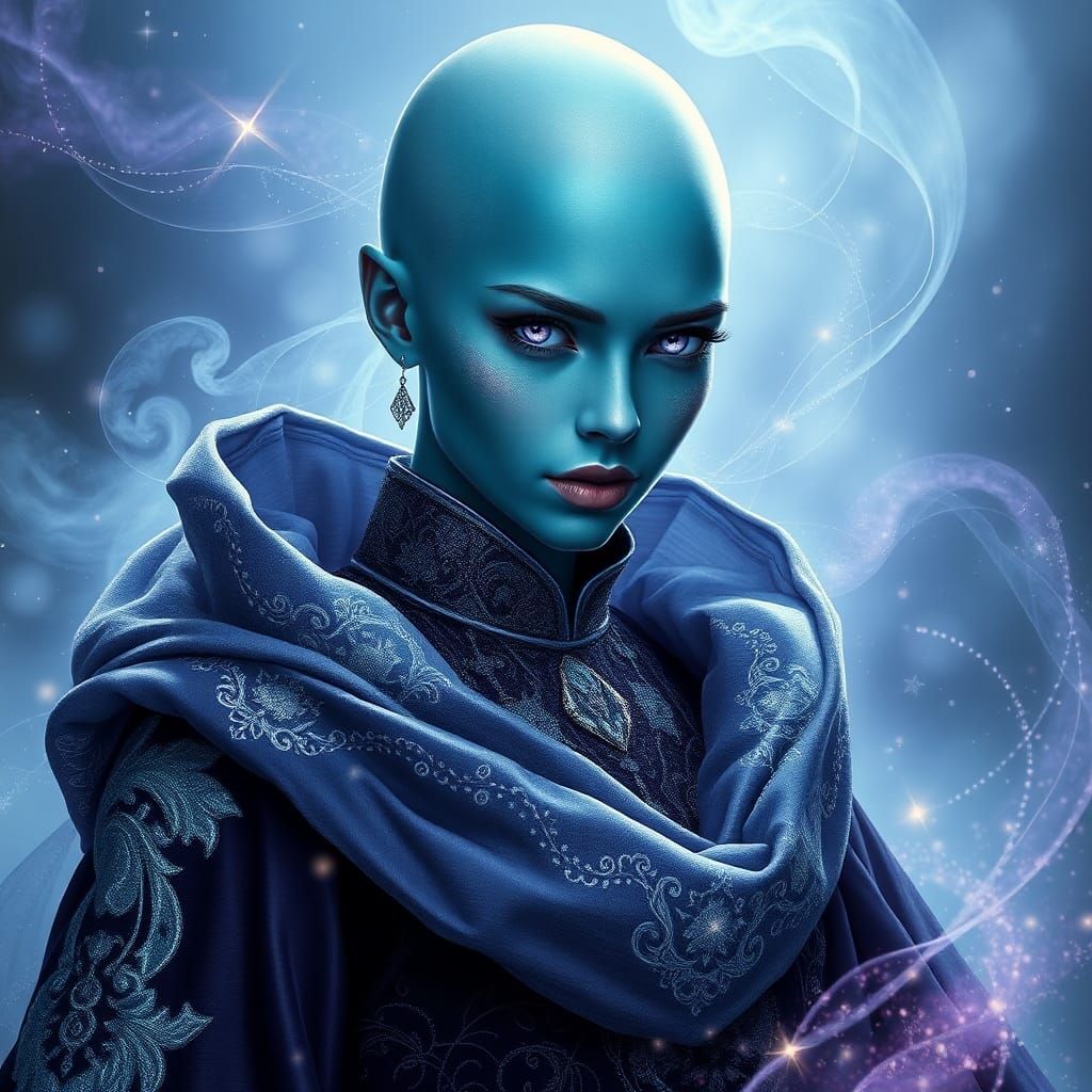 Majestic Bald Female Wizard in Ethereal Fantasy Style