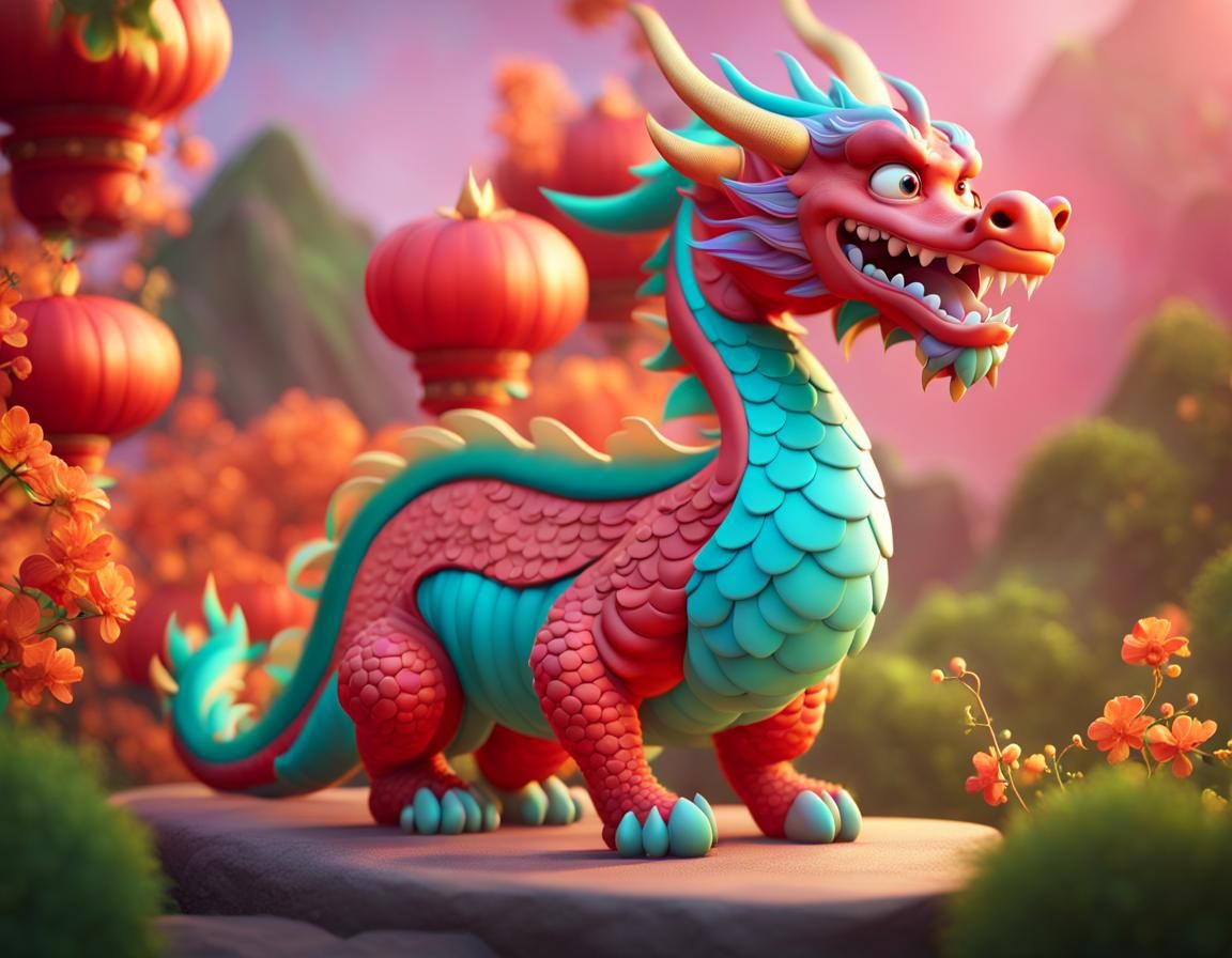 Cute Cheerful Chinese Dragon in 3D Style