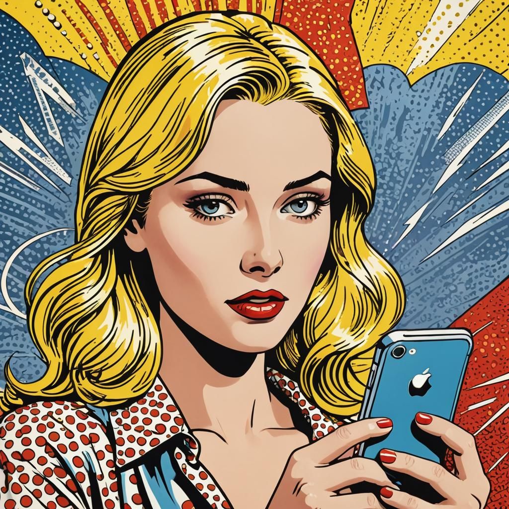 Blonde Woman with iPhone in Pop Art Style