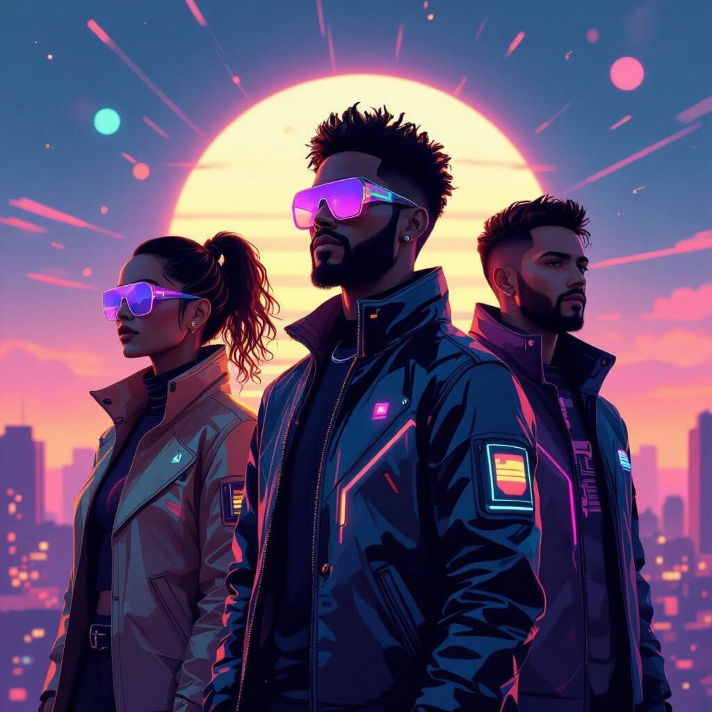 Futuristic Hopeful Figures Radiating Light in Synthwave City...