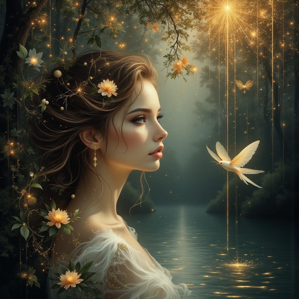 Magical Woman in Dark Woods with Light Trail