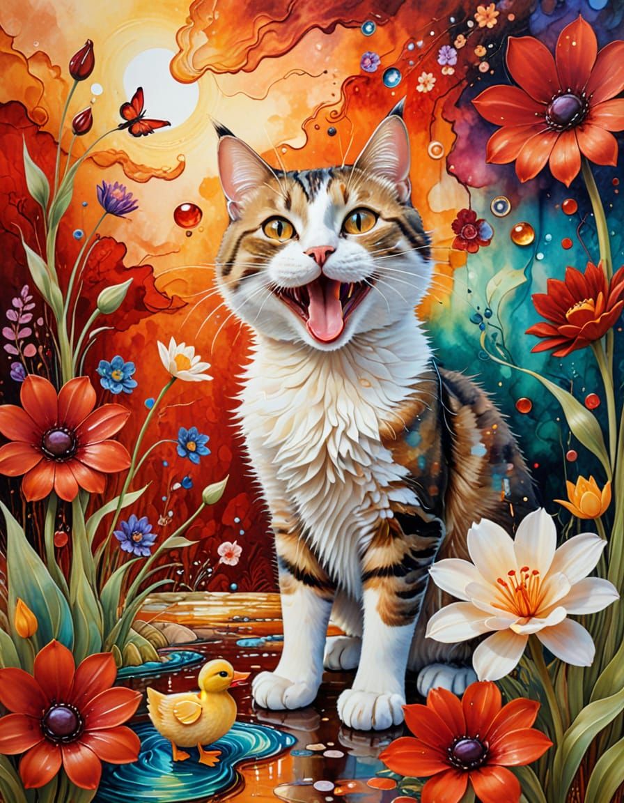 Happy Cat with Duckling in Surrealist Painting