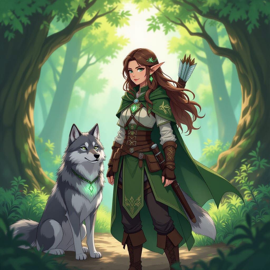 Wood Elf Ranger with Wolf Companion in Forest