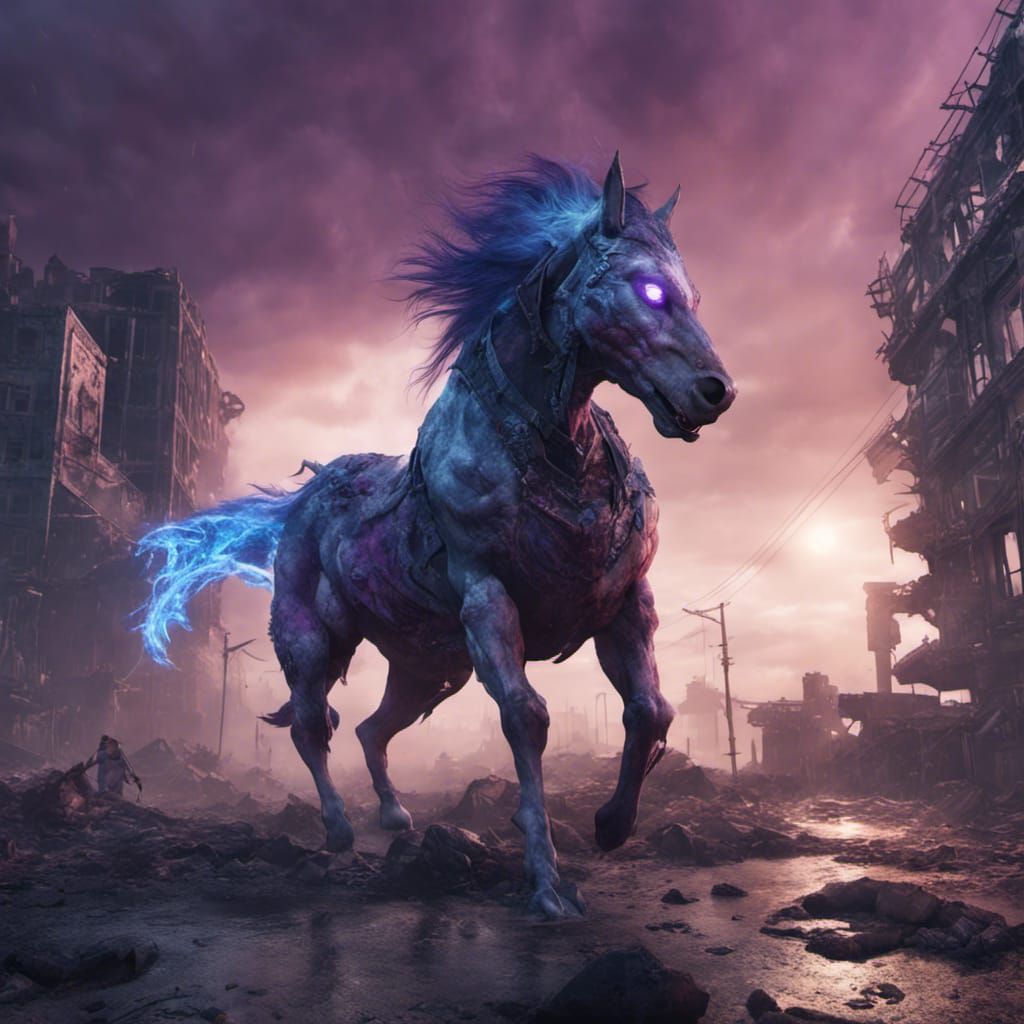 Demonic Wolf-Horse Ablaze in Apocalyptic City