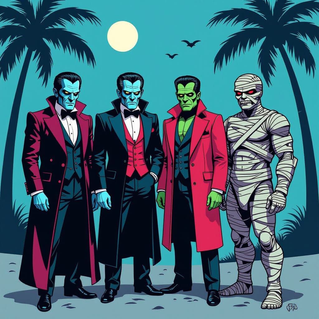 Monsters in Miami: Dracula, Wolfman, and Mummy in Neon