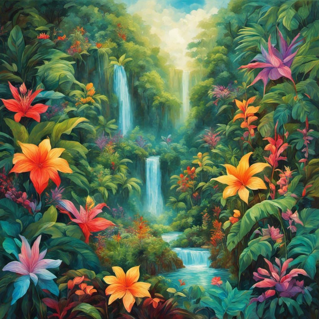 Lush Rainforest with Waterfalls and Cockatoos