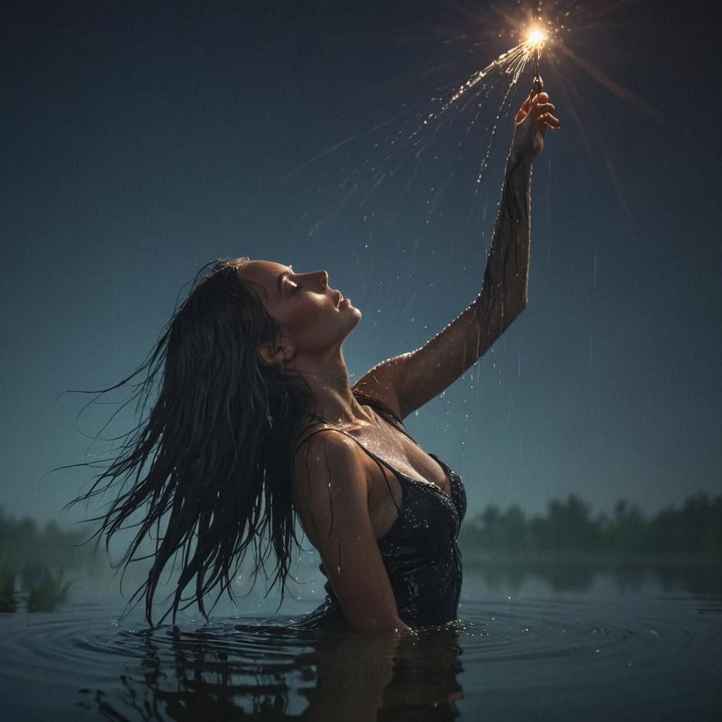 Moonlit Silhouette: Woman Emerges from Pond