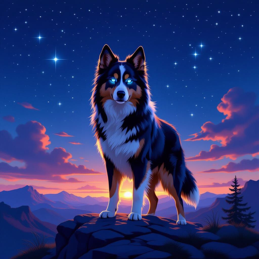Majestic Wolf-Shepherd Hybrid with Glowing Sky Eyes