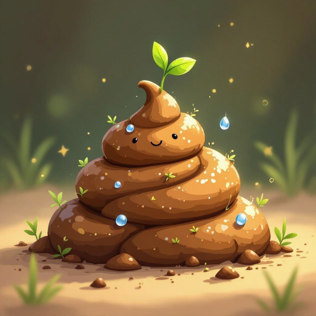 Whimsical Poop Illustration with Sprout and Dewdrop