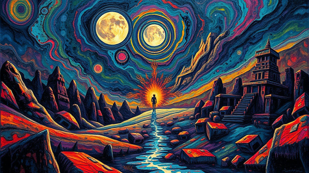 Aztec Moon God in Fluorescent Impasto Style