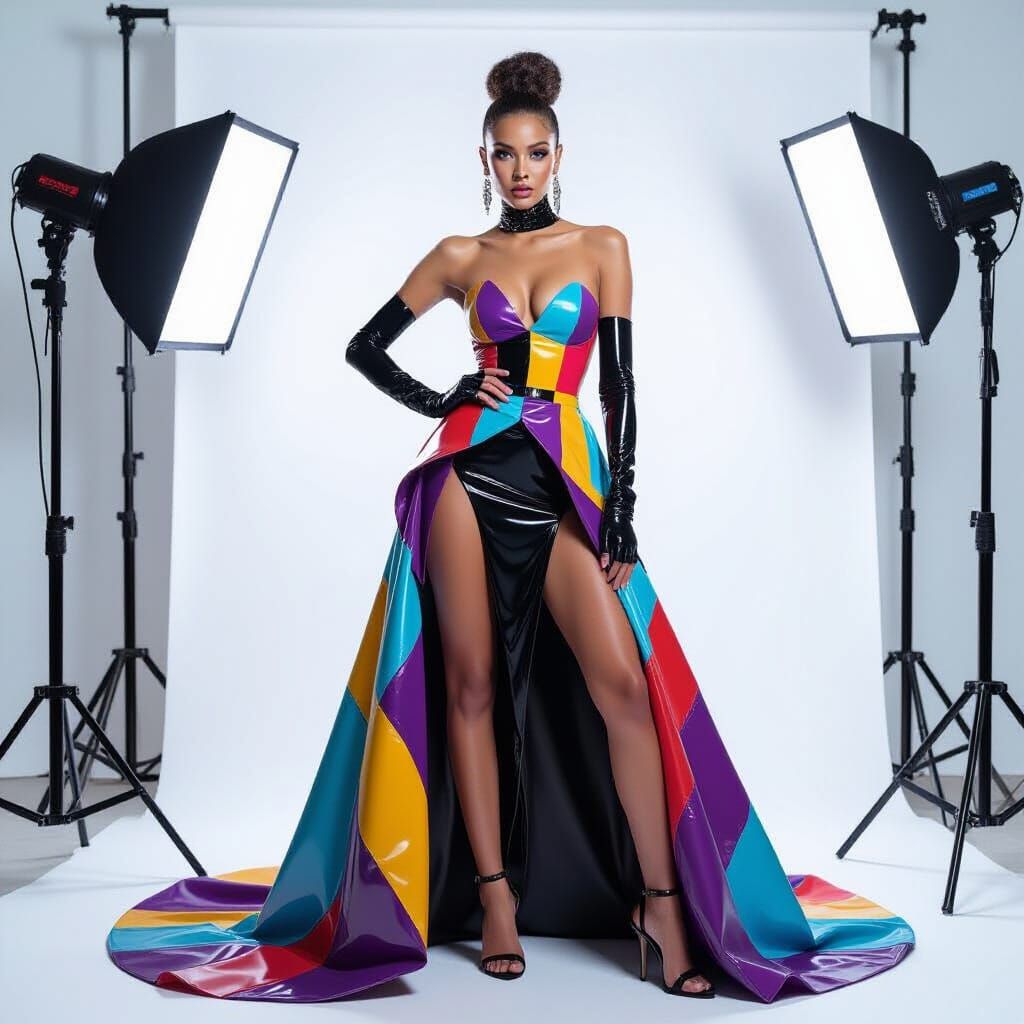 High-Fashion Model in Latex Gown, Cinematic Studio Shoot